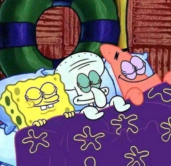 spongebob and friends laying in bed with an o - ring on the wall behind them