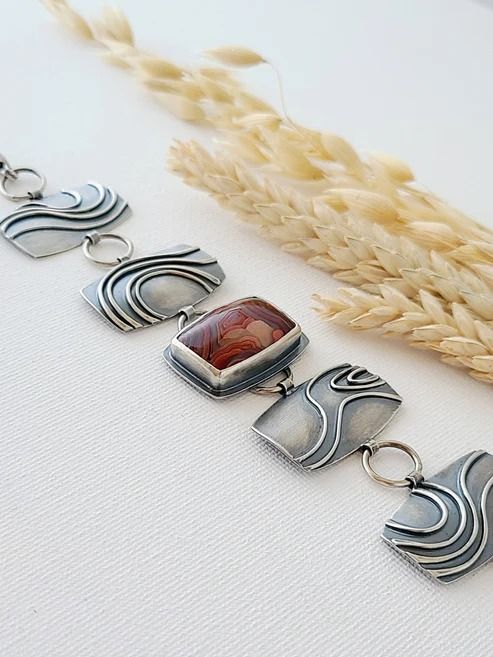 Winding Paths Canyon Bracelet – Flying Crow Metalworks Earthy Agate Bracelet Jewelry, Handmade Jasper Bracelet, Jasper Natural Stone Bracelet, Earthy Red Jewelry With Natural Stones, Flying Crow, Desert Canyon, Tucson Arizona, Silver Chain Bracelet, Red Clay