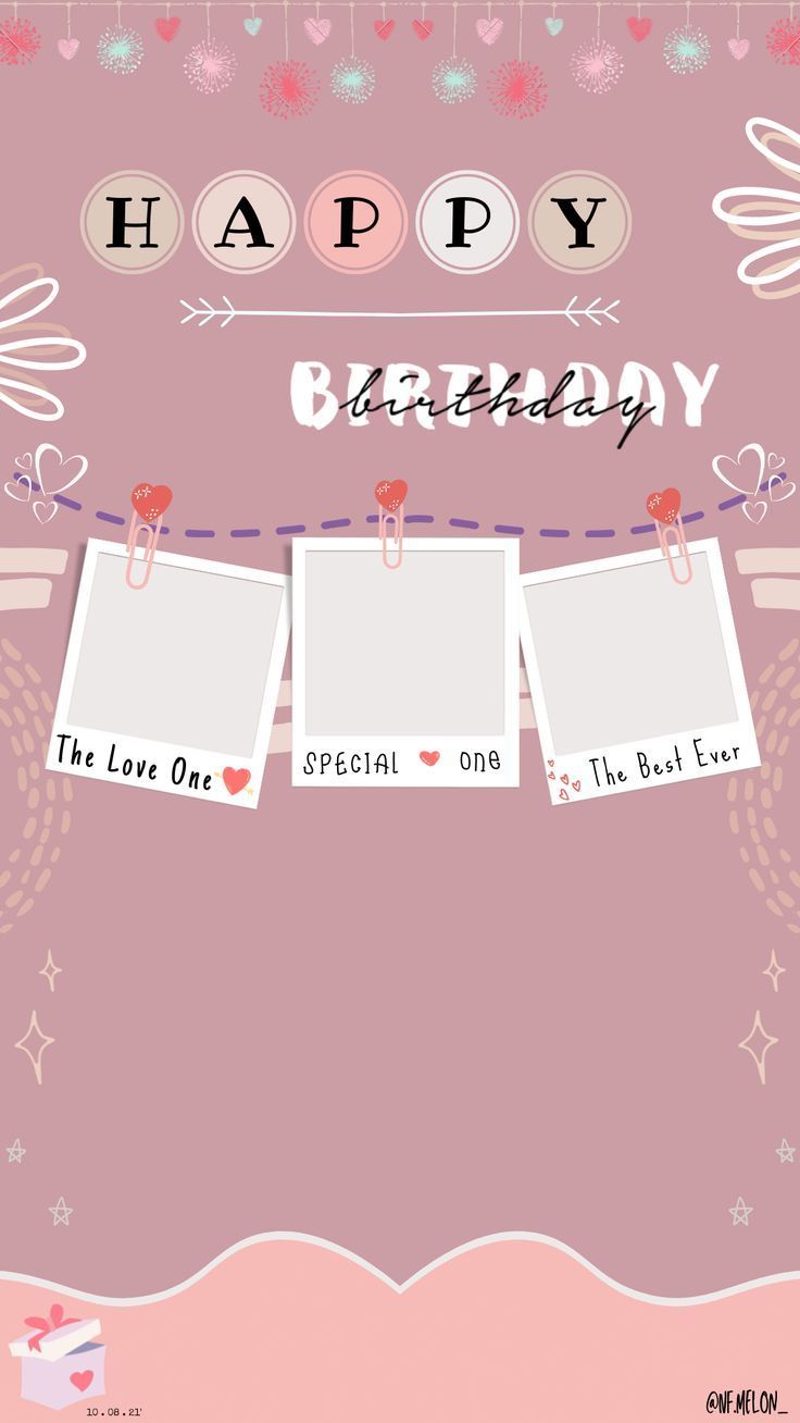 a happy birthday card with three pictures hanging from the clothes line and hearts on it