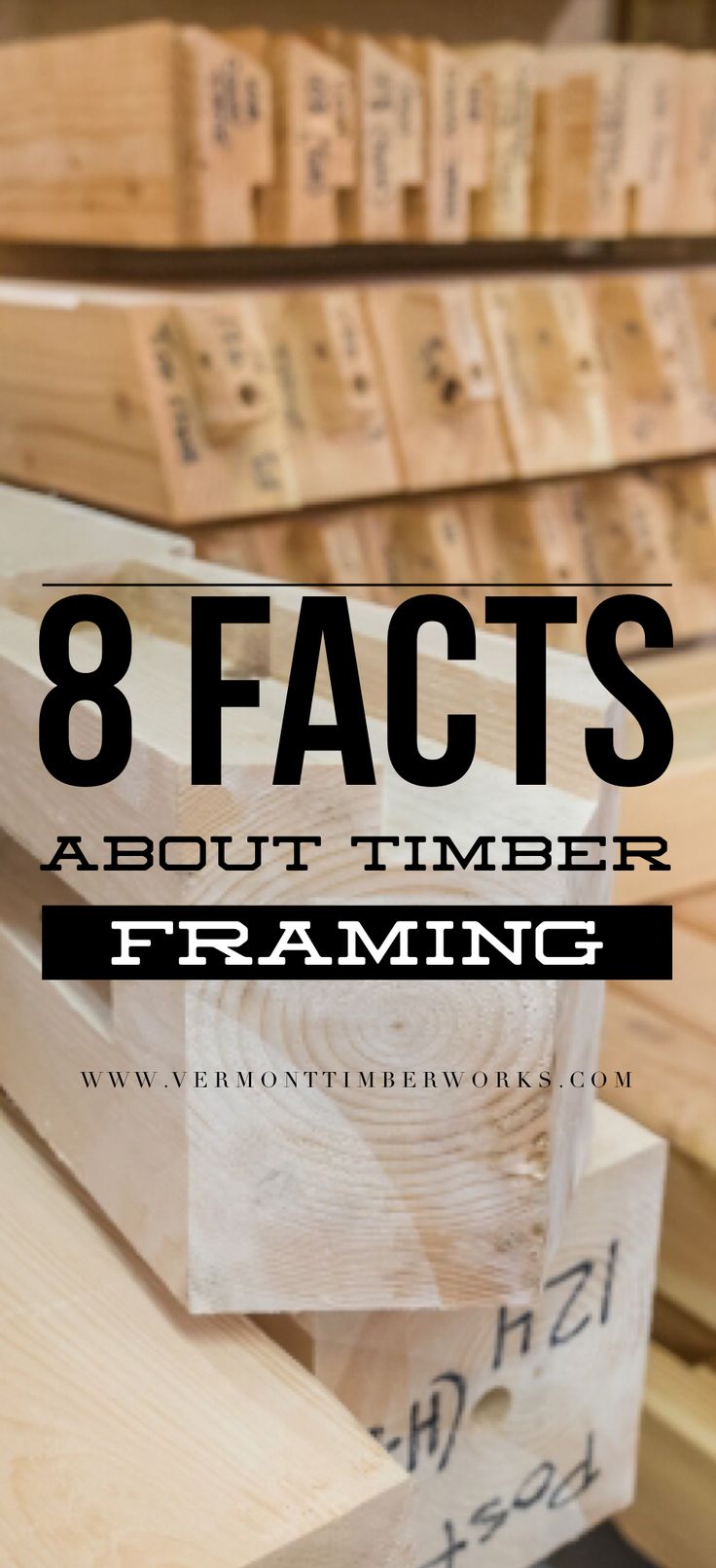 the words 8 fact about timber framing are in black and white text on top of wooden planks