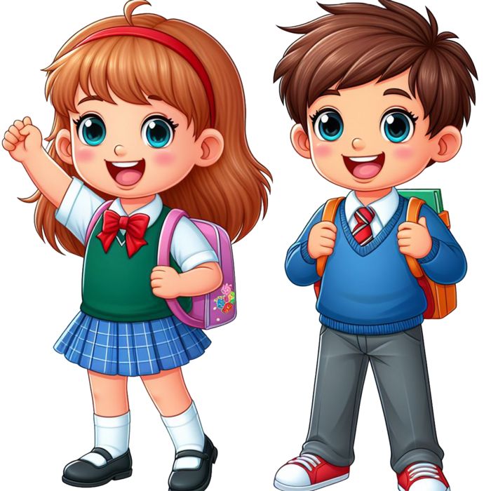 two children with backpacks standing next to each other, one holding a book and the other smiling