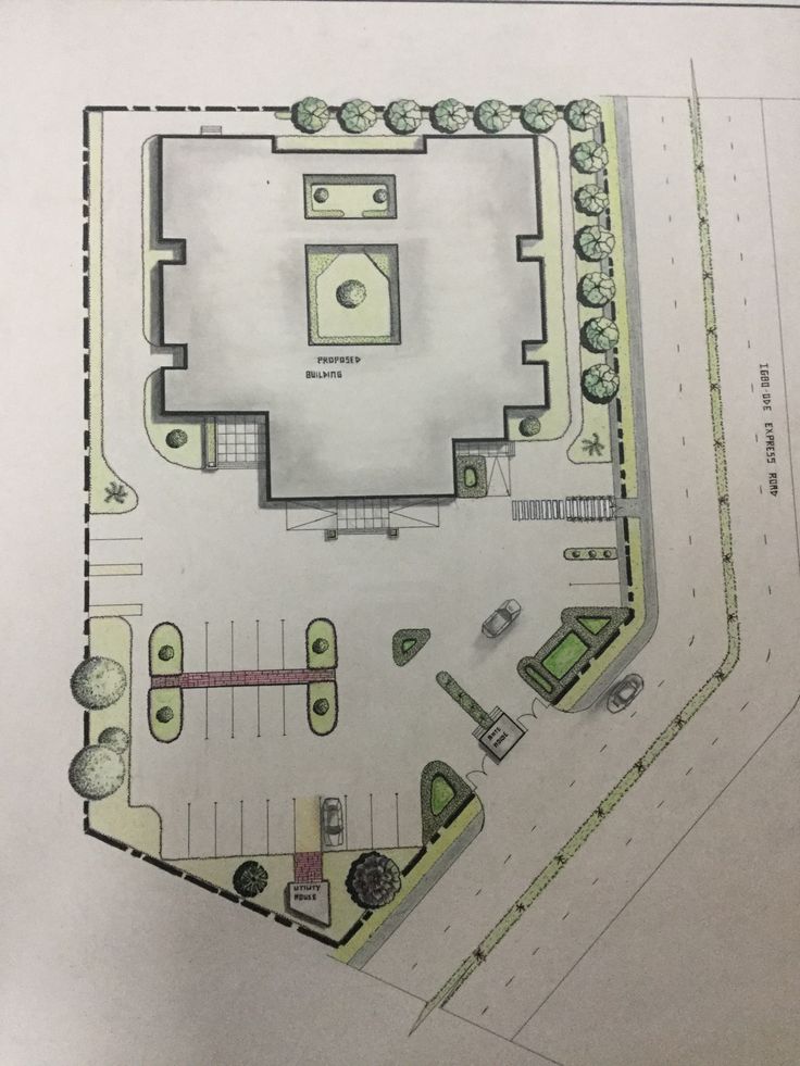 an architectural drawing of a courtyard and parking lot