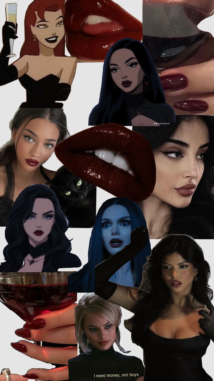 many different images of women with red lipstick and black cats on their faces, including one woman holding a glass of wine