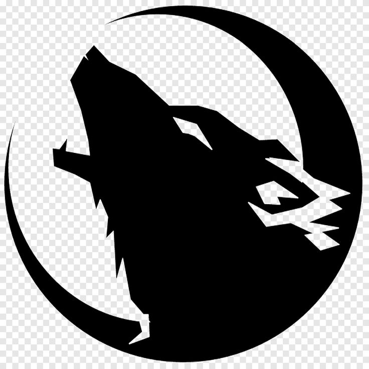 a black and white wolf logo with the moon in the background