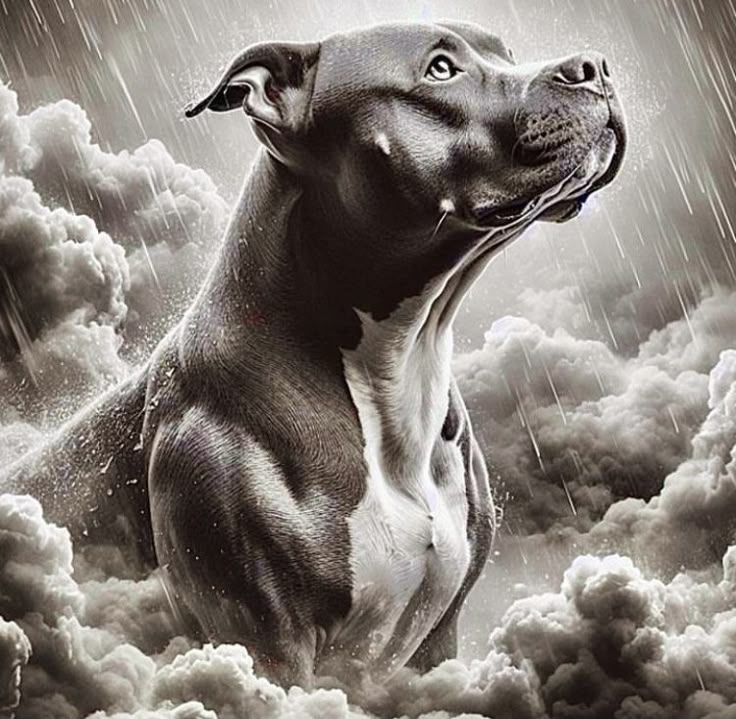 a black and white photo of a dog in the clouds with rain falling down on it