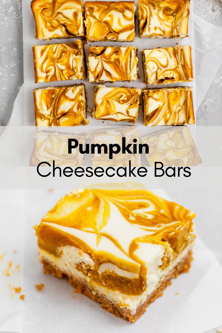 pumpkin cheesecake bars on parchment paper with text overlay