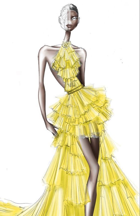 a drawing of a woman in a yellow dress