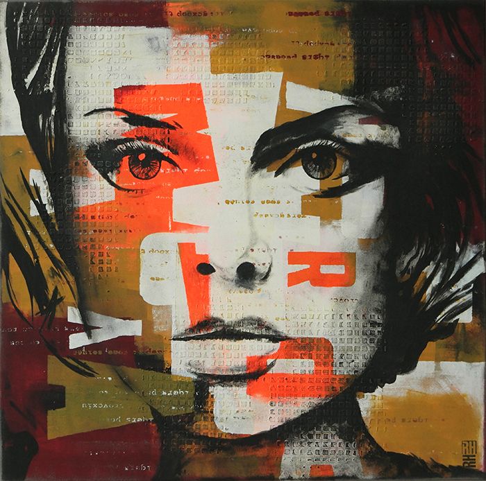 an art work with many different colors and shapes on the face, including one woman's eyes