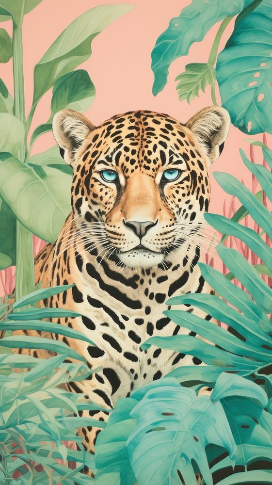 a painting of a leopard with blue eyes in the jungle, surrounded by green leaves