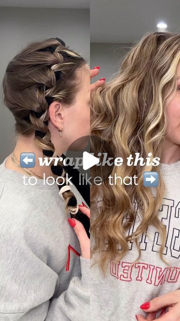 Amanda Carter | heatless curls + hair growth on Instagram: "Kind of a reverse tutorial here! If you like those curls, here’s how you get them. The criss-cross or French braid method!  ▶️ FOLLOW to make sure your links are delivered 🔗 Comment LINK for the full tutorial, my heatless hair kit, and my hair quiz oif you need hair help. ❤️  #heatlesscurls #healthyhairtips #hairhelp #overnightcurls" How To Braid Hair For Heatless Curls, Curl Hair With Braids Overnight, Braided Overnight Hair, Heartless Curls Braid, How To Heartless Curls, Heatless Curls Overnight How To, Heartless Curls Long Thick Hair, Braided Heatless Curls, Overnight Twist Braids