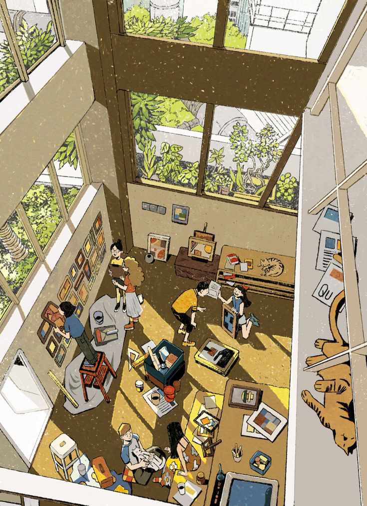 an aerial view of a living room filled with furniture and people sitting at desks