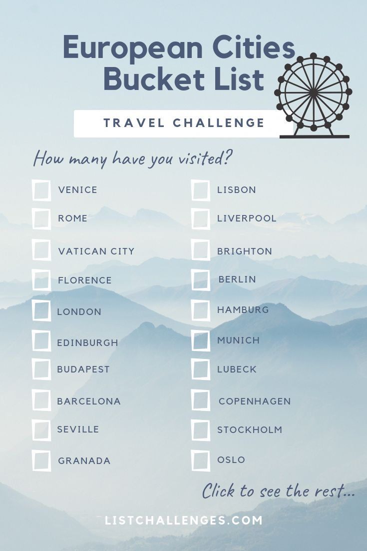 the european cities bucket list is shown with mountains in the background and text that reads travel challenge