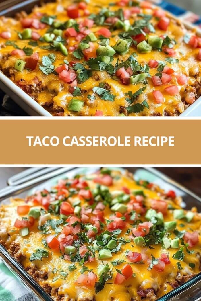 taco casserole recipe in a glass dish with the title overlaying it