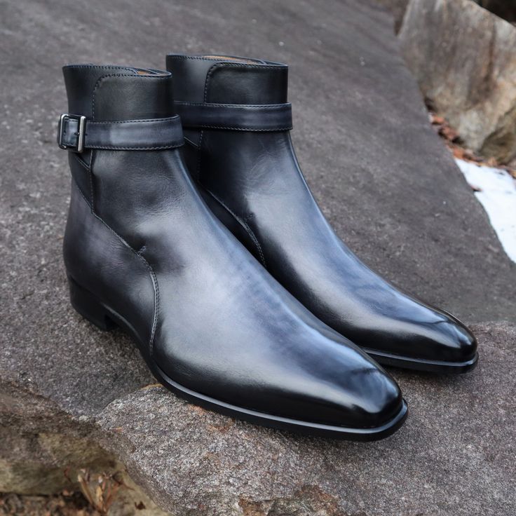 The Jodhpur boot (Like the Chelsea) has a long equestrian heritage dating back to around 1890. This is a modern take on the classic design. The sleek chiseled last adds to their formality and makes these suit worthy. But this versatile boot still looks incredible with jeans. -Hand Dyed Full grain Italian crust leather -Stacked leather heel with brass nails in the toe and heel -Closed channel Blake stitch construction