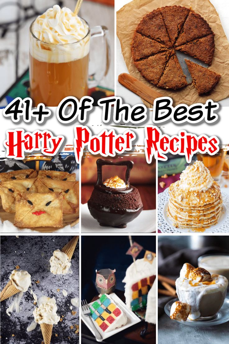 harry potter food and drink collage with the words 4 + of the best harry potter recipes