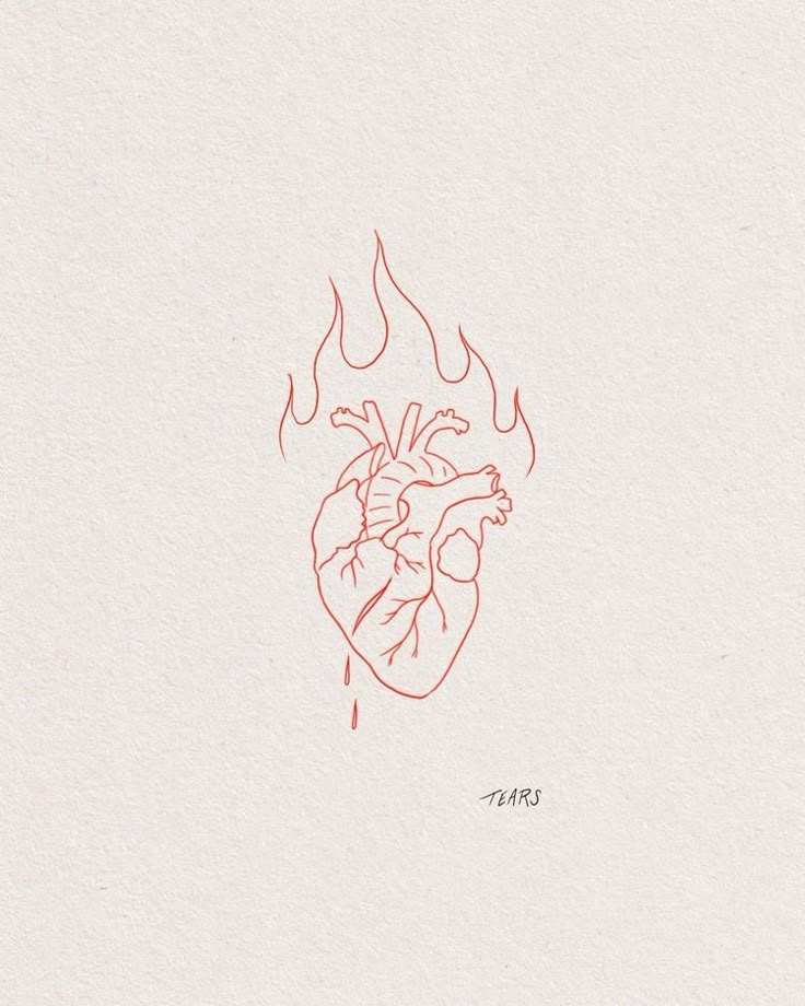 a drawing of a heart with flames coming out of it