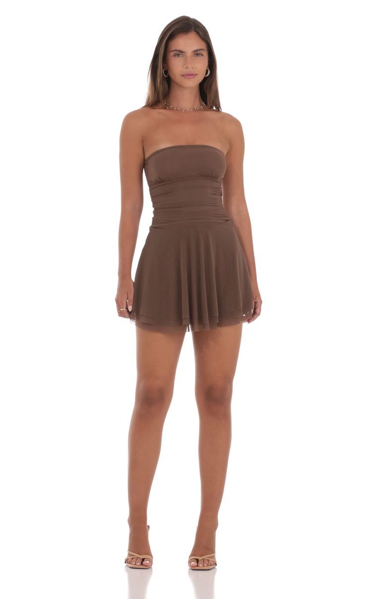 Mesh Strapless A-line Dress in Brown | LUCY IN THE SKY Brown Hoco Dress, Brown Homecoming Dresses, Short Brown Dress, Black Cowgirl Boots, Sky Brown, Bra Tank Top, Bra Tank, Casual Day Dresses, Sorority Outfits