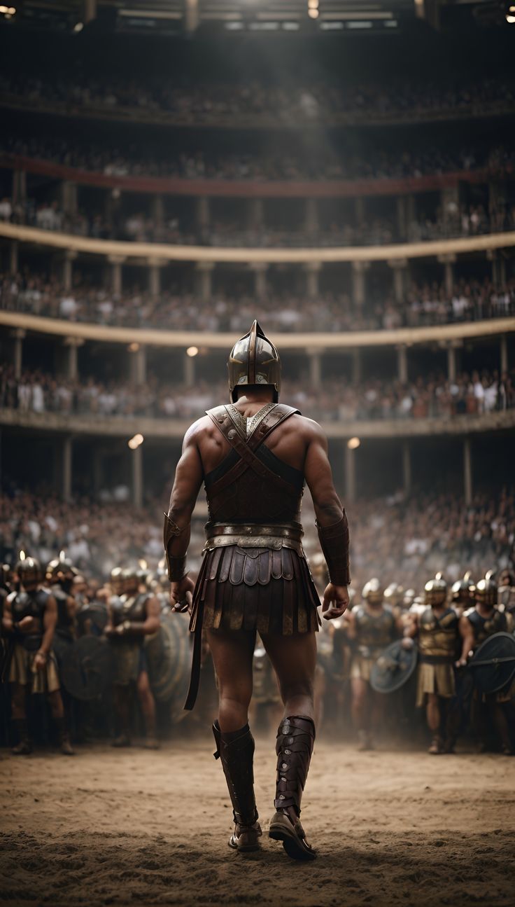 a man dressed in roman armor standing on top of a dirt field next to an audience