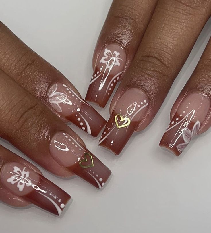 Y2k Nail Designs Acrylic, Brown French Tip Nails With Design, Filipino Nail Designs, Earthy Nails Acrylic Short, Earthy Nails Designs Square, Earthy Aesthetic Nails, Jhene Aiko Nail Ideas, Brown Nails Acrylic Flowers, Puerto Rico Inspired Nails