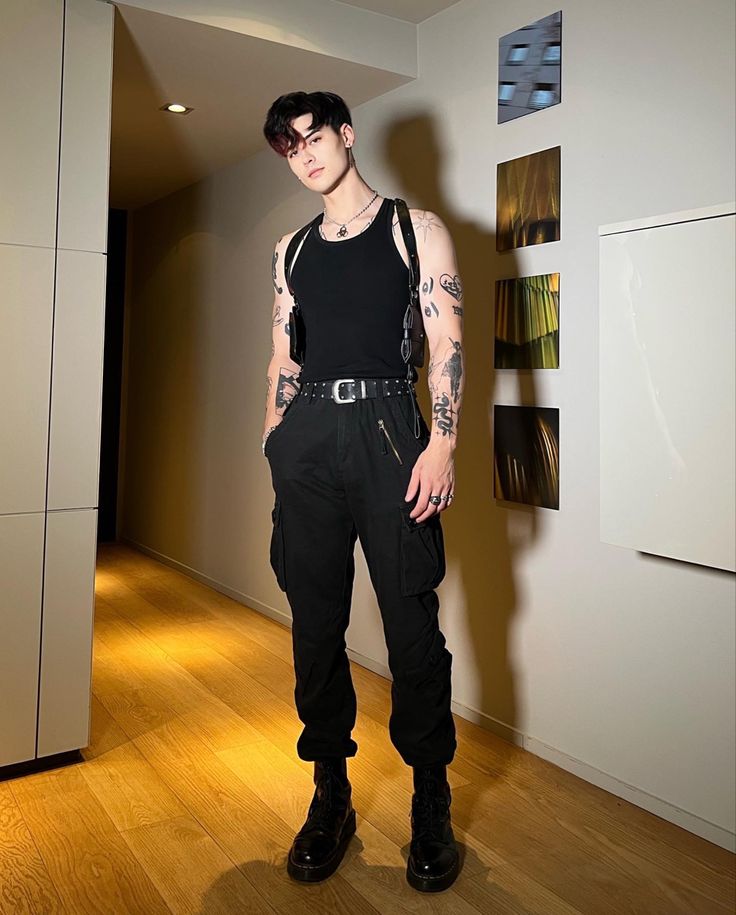 Hot Male Outfits Mens Fashion, Techno Fits Men, Male Night Club Outfits, Male Techno Outfit, Daddy Outfits Men, Combat Pants Outfits Men, Men’s Techno Outfit, Mens Festival Looks, Mens Dark Aesthetic