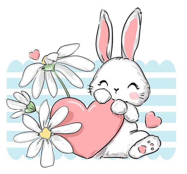 a cute bunny holding a heart with daisies