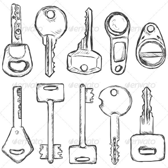 a bunch of keys are shown in black and white