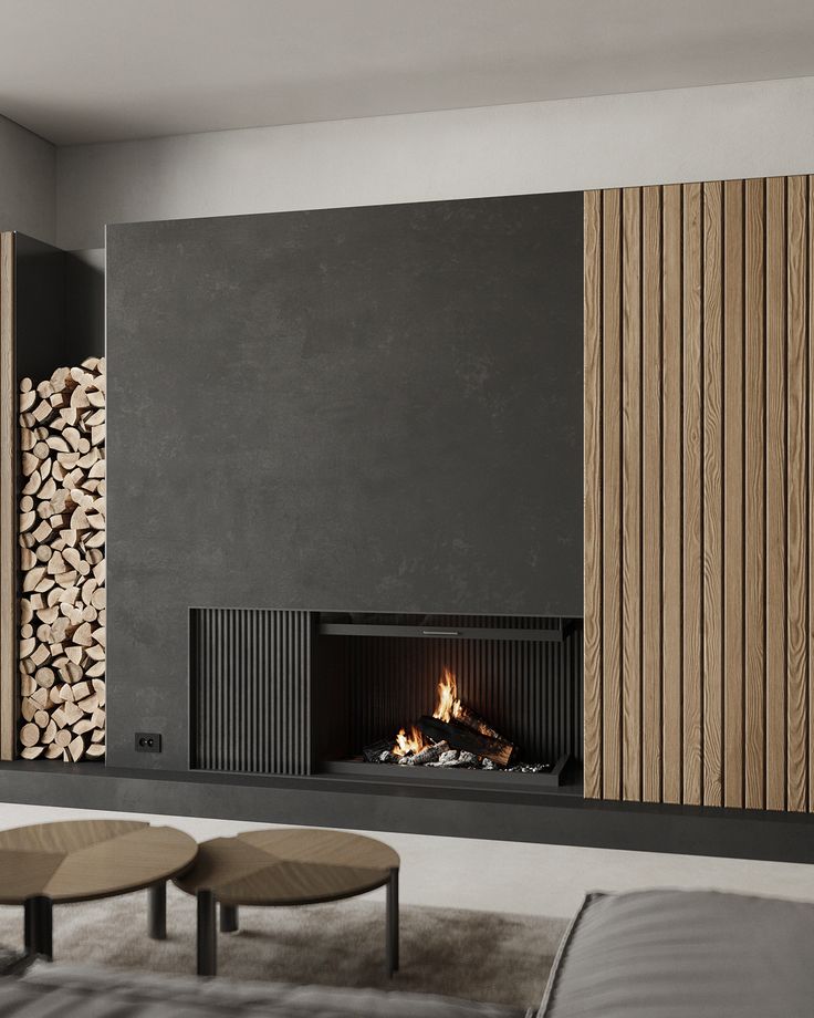 a living room with a fire place next to a wall filled with logs and wood