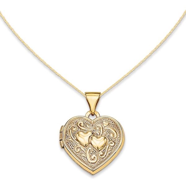 Vintage-inspired and so elegant, this heart locket pendant is certain to win hers. Fashioned in warm 14K gold, this heart-shaped locket is topped with a pattern of sculpted scrolls surrounding a duo of hearts nestled side-by-side at the center. The locket opens to reveal space for a pair of small photos or mementos. A look she'll love and appreciate, this locket is polished to a brilliant shine and suspends freely along an 18.0-inch rope chain that secures with a spring-ring clasp. Locket Necklace Vintage, Gold Heart Locket, Gold Locket Necklace, Peoples Jewellers, Gold Locket, Gold Diamond Necklace, Cluster Necklace, Bezel Set Diamond, Jewelry Lookbook