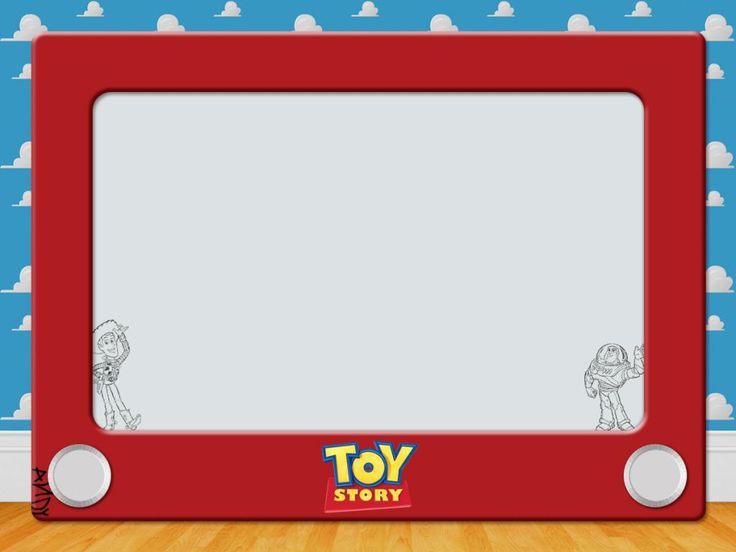 a red toy story frame sitting on top of a wooden floor