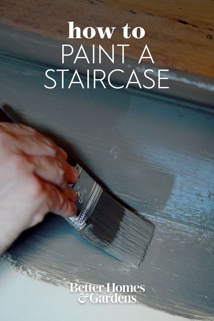 someone is painting the bottom part of a wall with blue paint and text that reads how to paint a staircase better homes & gardens