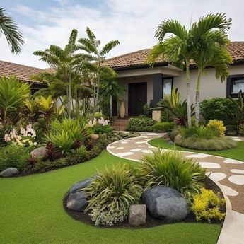 a house with landscaping and palm trees in the front yard, including rocks and plants