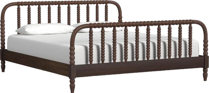 a wooden bed frame with white sheets and pillows on the bottom, in front of a white background