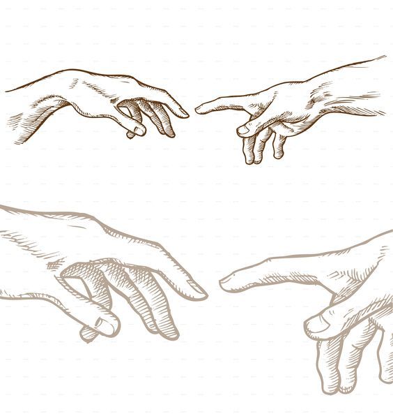 hands reaching for something in the air with one hand pointing at another, vintage line drawing or engraving style