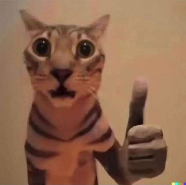 a cat that is giving the thumbs up sign with his hand and wearing a striped shirt