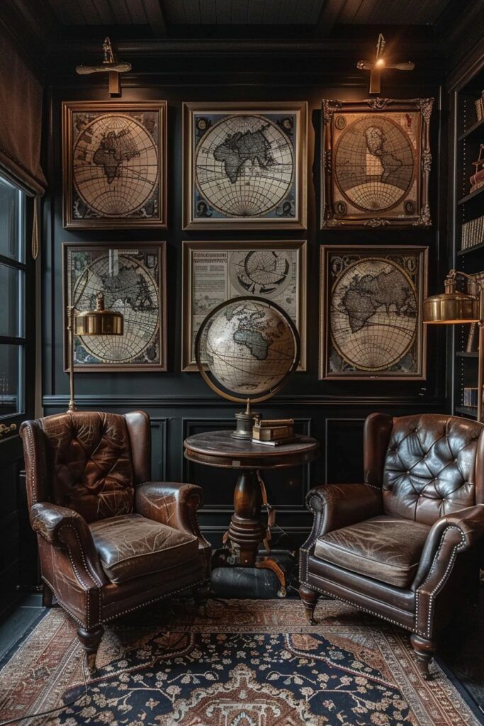 a living room filled with leather furniture and framed maps on the wall above two chairs