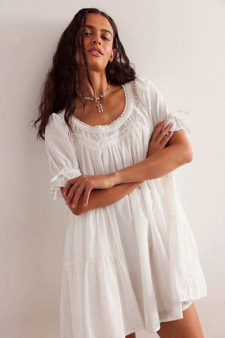 Sandy Shores Babydoll Dress | Free People Boho Babydoll Dress, Doen Dress Street Style, Pressure Oc, Babydoll Dress Outfit, Free People White Dress, Hoop Dress, White Babydoll Dress, Cute Casual Dresses, Sleeveless Knit Dress