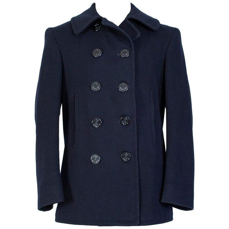 WWII US Navy Military-Issue Kersey Wool Pea Coat - US 36-38, 1940s | From a unique collection of rare vintage Pea Coats at https://www.1stdibs.com/fashion/clothing/jackets/pea-coats/. Classic Navy Double-breasted Peacoat, Classic Navy Pea Coat With Double Button Closure, Navy Double-breasted Peacoat With Button Closure, Navy Double-breasted Peacoat, Military Style Pea Coat For Business In Fall, Classic Winter Peacoat With Button Cuffs, Military Wool Double-breasted Pea Coat, Navy Double-breasted Pea Coat For Winter, Navy Vintage Single Breasted Outerwear