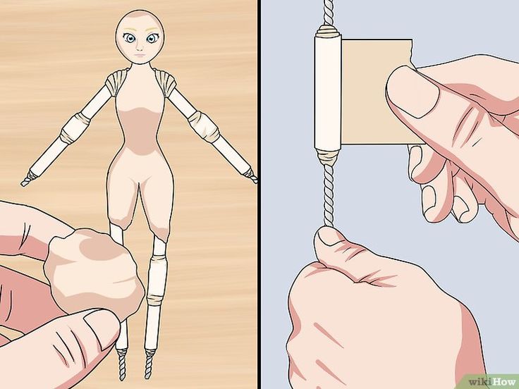 a hand holding a needle with a doll attached to it, and an image of a dummy