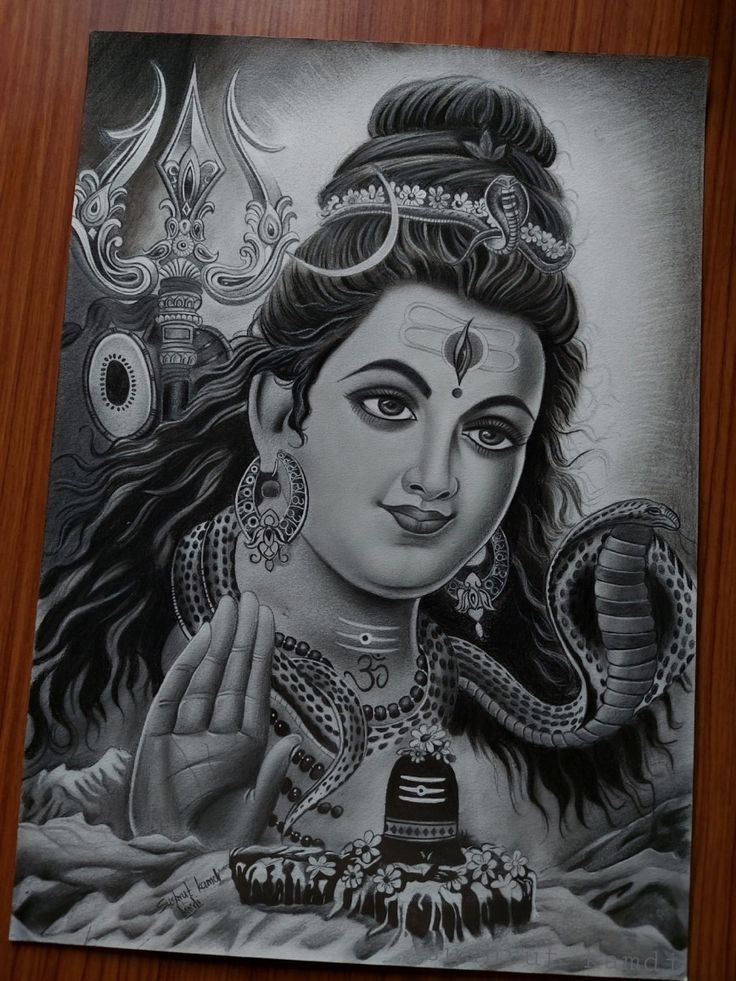 a black and white drawing of a woman with a snake in her hand on a wooden surface