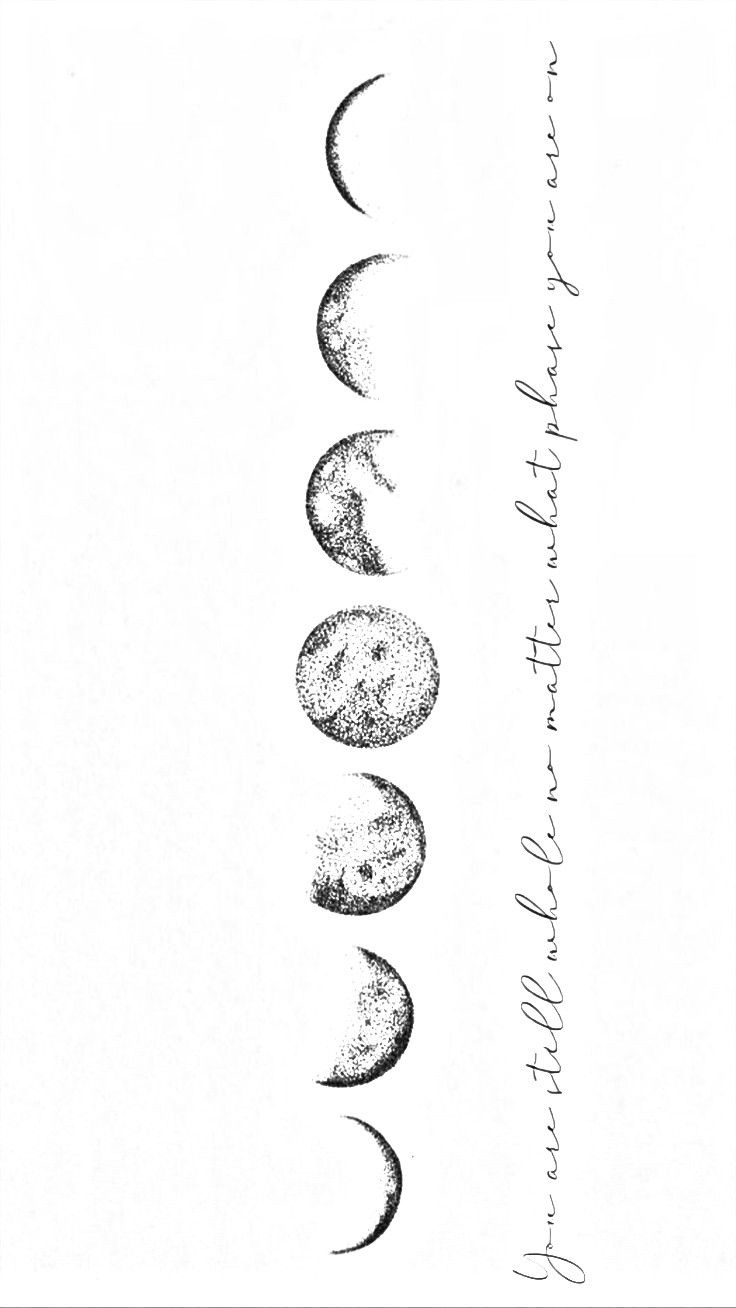 three phases of the moon in black and white ink with handwritten text on it