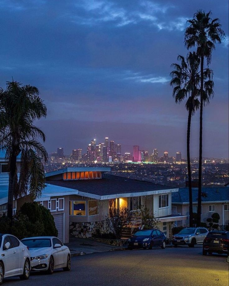 the city lights shine brightly in the distance as cars are parked on the street near palm trees