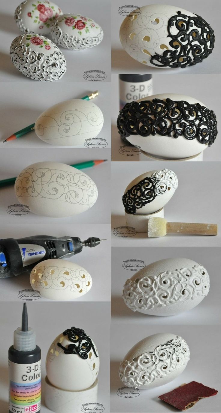 the steps to make an easter egg with lace and flowers on it are shown in several different ways