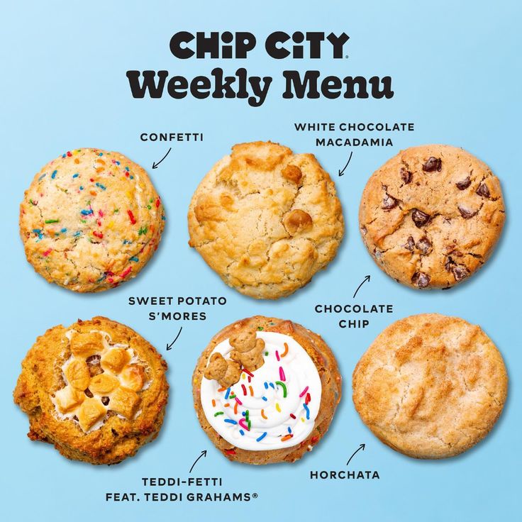 the chip city weekly menu includes cookies, white chocolate and macaroni