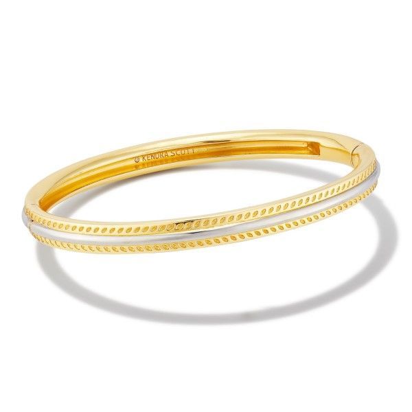 This Merritt Bangle Bracelet is made of 14k Gold and Rhodium Plated metal. It is a fashionable piece of jewelry from the Kendra Scott collection. Classic Metal Bangle With Jubilee Bracelet, Adjustable Gold-tone Plated Bracelets, White Gold Jubilee Cuff Bracelet Bangle, Gold-tone Bangle Bracelets For Formal Occasions, Gold-tone Bangle Bracelet For Formal Occasions, White Gold Jubilee Bangle Cuff Bracelet, White Gold Tarnish Resistant Bangle Chain Bracelet, Tarnish Resistant White Gold Bangle Chain Bracelet, Tarnish Resistant White Gold Bangle Bracelet