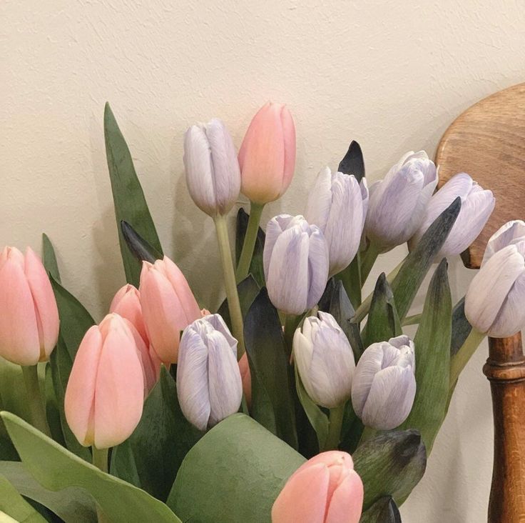 pink and purple tulips are in a vase on a table next to a wooden chair