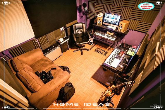 an overhead view of a recording studio with equipment