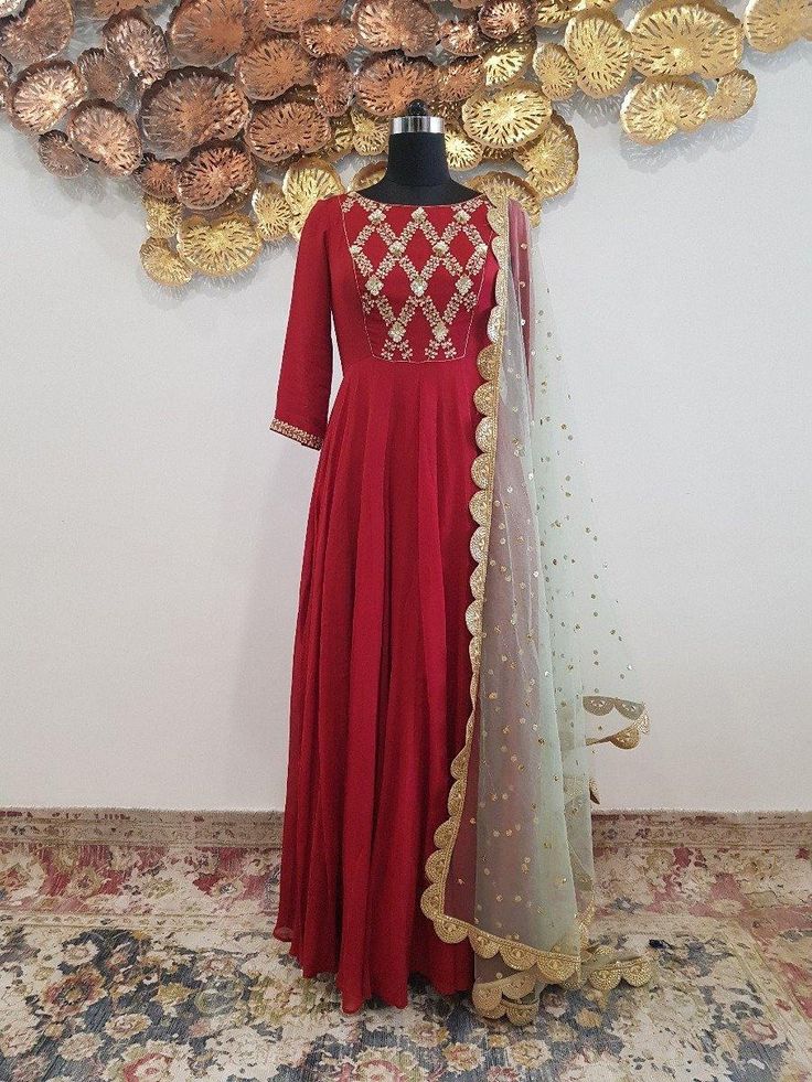 Enhance your ethnic wear ensemble with this maroon hand work Anarkali with contrasting mint color sequined dupatta. Color can be customized.Care:Dry Clean OnlyComposition:Georgette Maroon Anarkali, Anarkali Patterns, Contrast Dupatta, Maroon Suit, Anarkali Frock, Haute Couture Fabric, Couture Fabric, Anarkali Dresses, Embroidered Anarkali