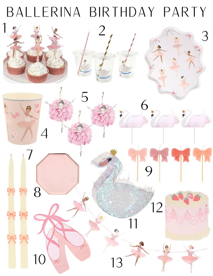 a pink ballerina birthday party with cupcakes, cake and other items to make it