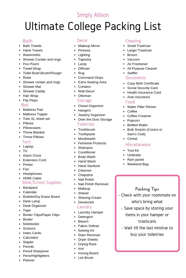 the ultimate college packing list is shown in pink and white, with text that reads ultimate college