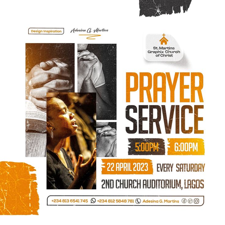 a flyer for a church service with images of hands and the words prayer service on it